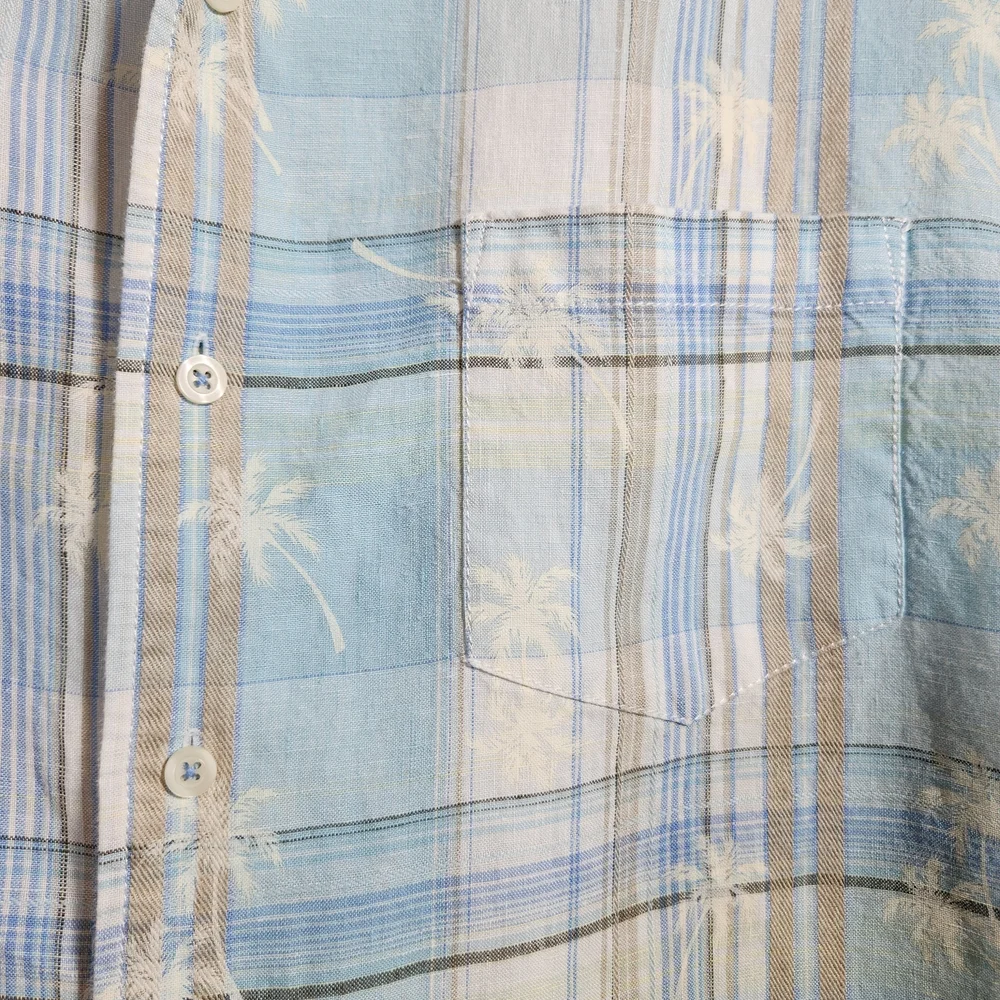 Caribbean Blue Plaid Palm Trees Men's XL Button Down Shirt - Picture 5 of 8